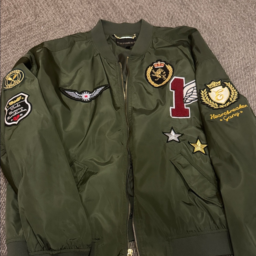 Express Olive Green Bomber Jacket with Patches